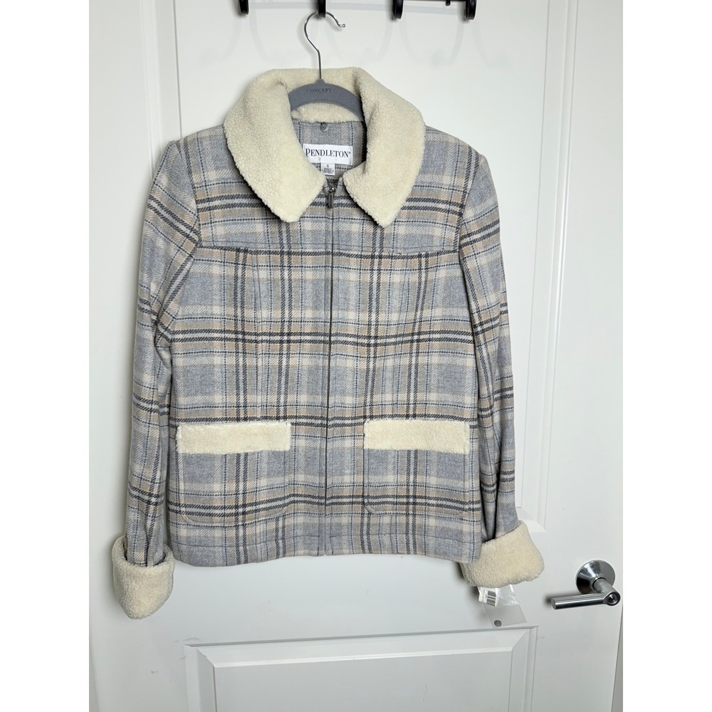 Pendleton Wool Sherpa‎ Plaid Jacket S – Gray Taupe Check Zip-Front Lined Coat